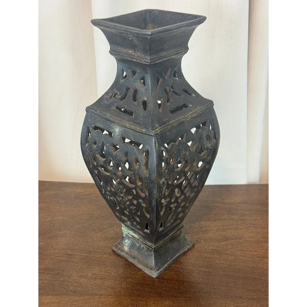 VTG Bronze‎ Hollow Vase Lantern Pierced Cut Work Verdigris 11